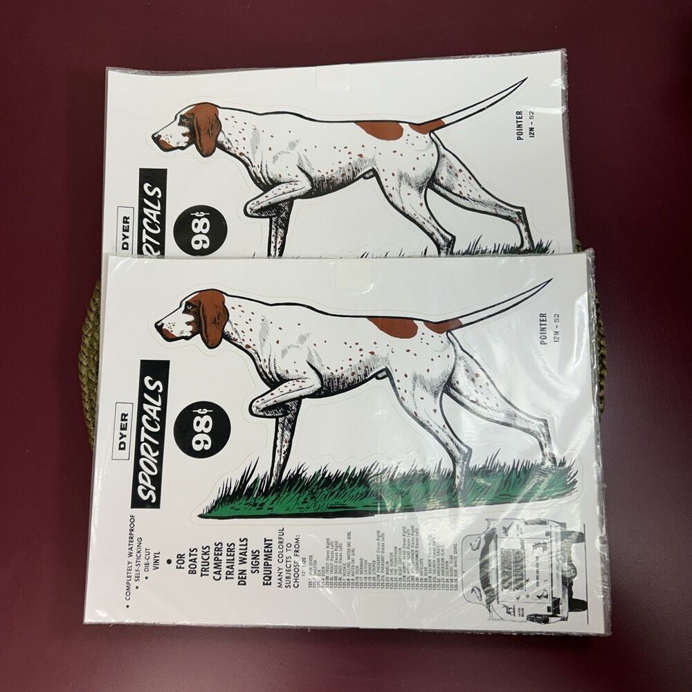 Set of 2 Vintage Dyer Sportcals Vinyl Waterproof Decal Sticker Pointer Hound 12N